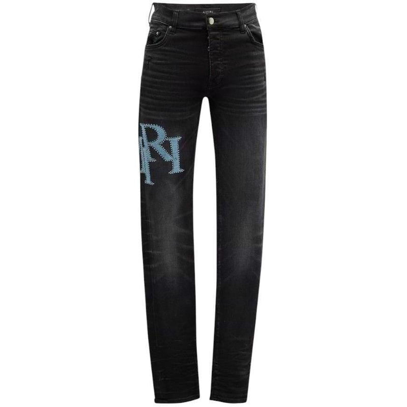 Amiri Crystal Staggered Logo Jeans "Blue/Black" - Lightly Worn