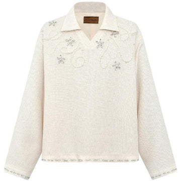 Birth Of Royal Child Diamond Embellished Floral Knit Top White
