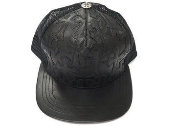 Chrome Hearts Cemetary Cross Leather Stitched Trucker Hat Black - Lightly Worn