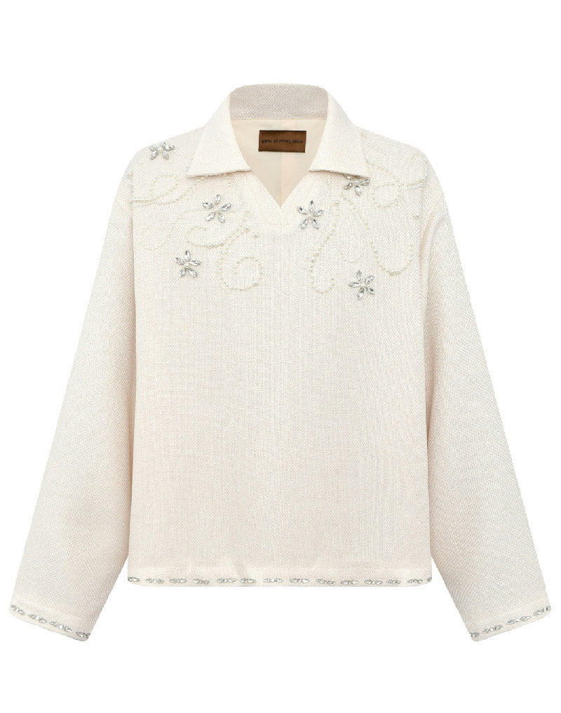 Birth Of Royal Child Diamond Embellished Floral Knit Top White