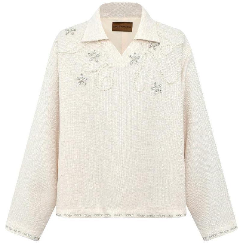 Birth Of Royal Child Diamond Embellished Floral Knit Top White