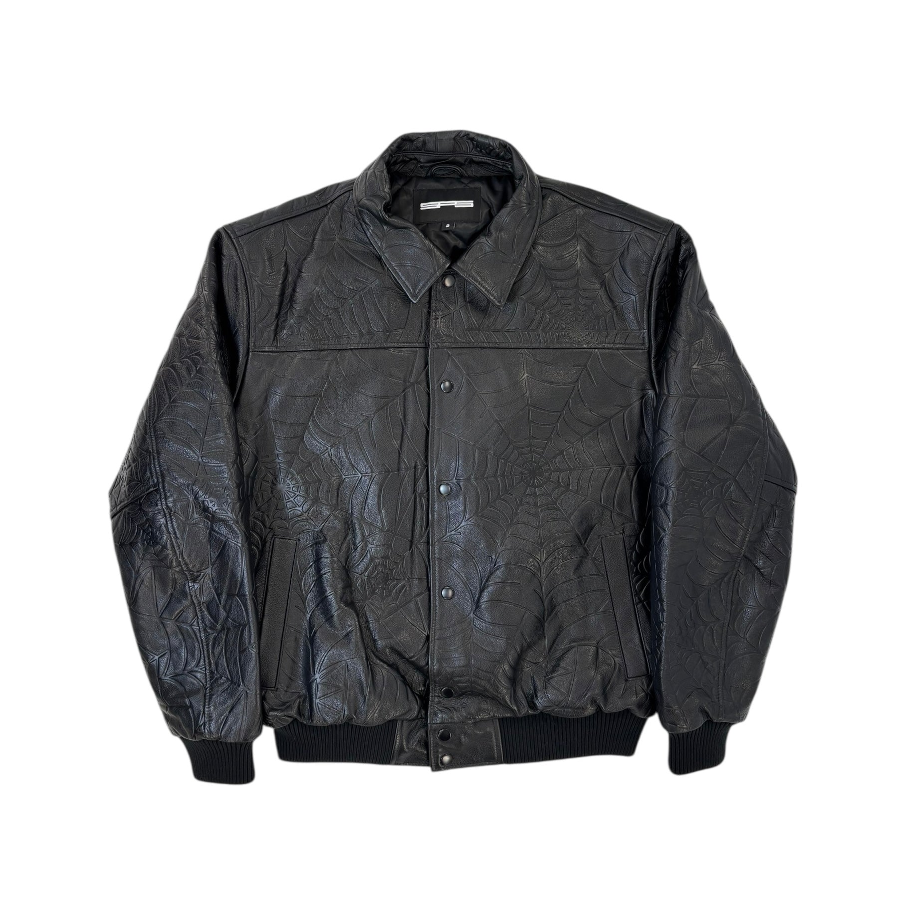 Sp5der Debossed Web Leather Jacket Black