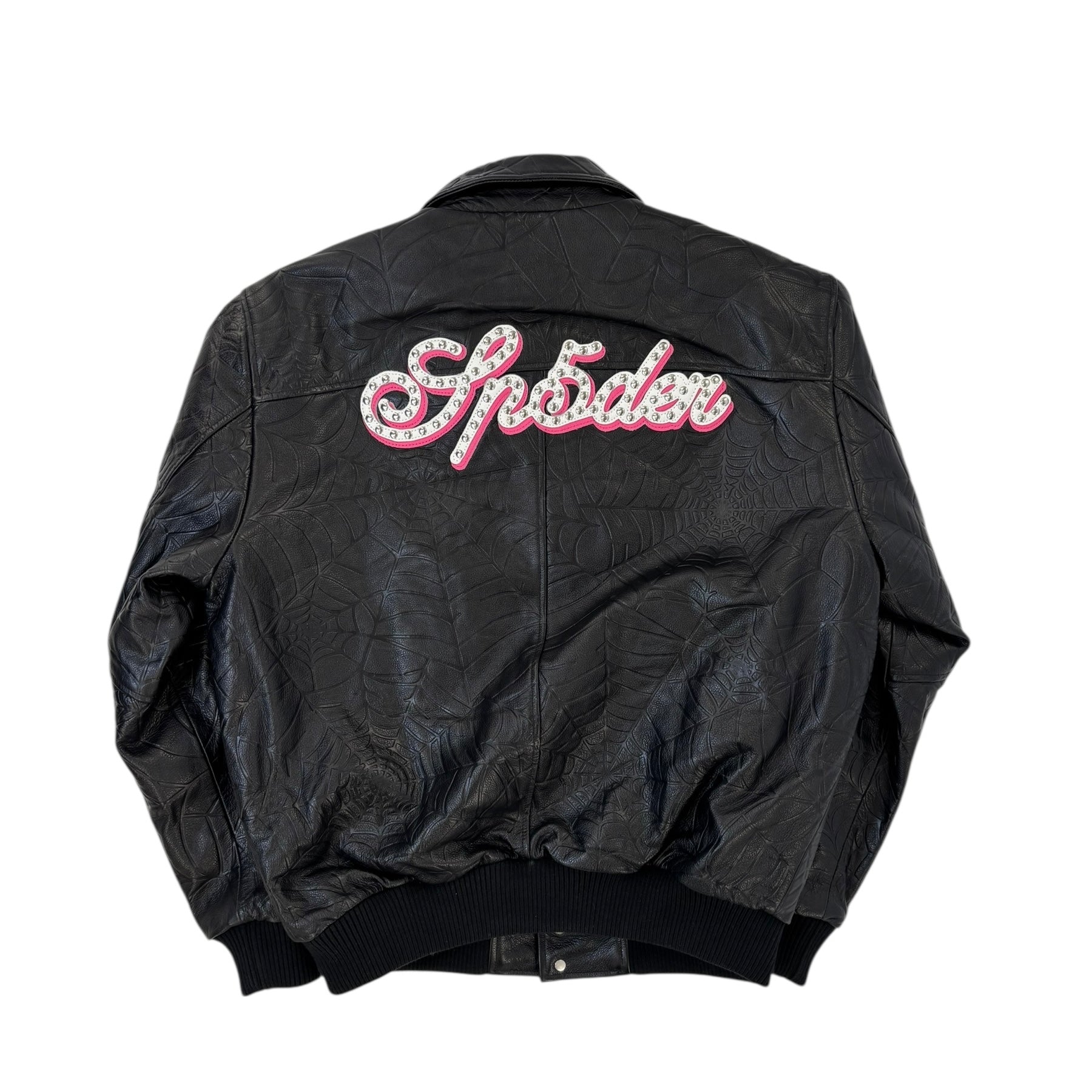 Sp5der Debossed Web Leather Jacket Black