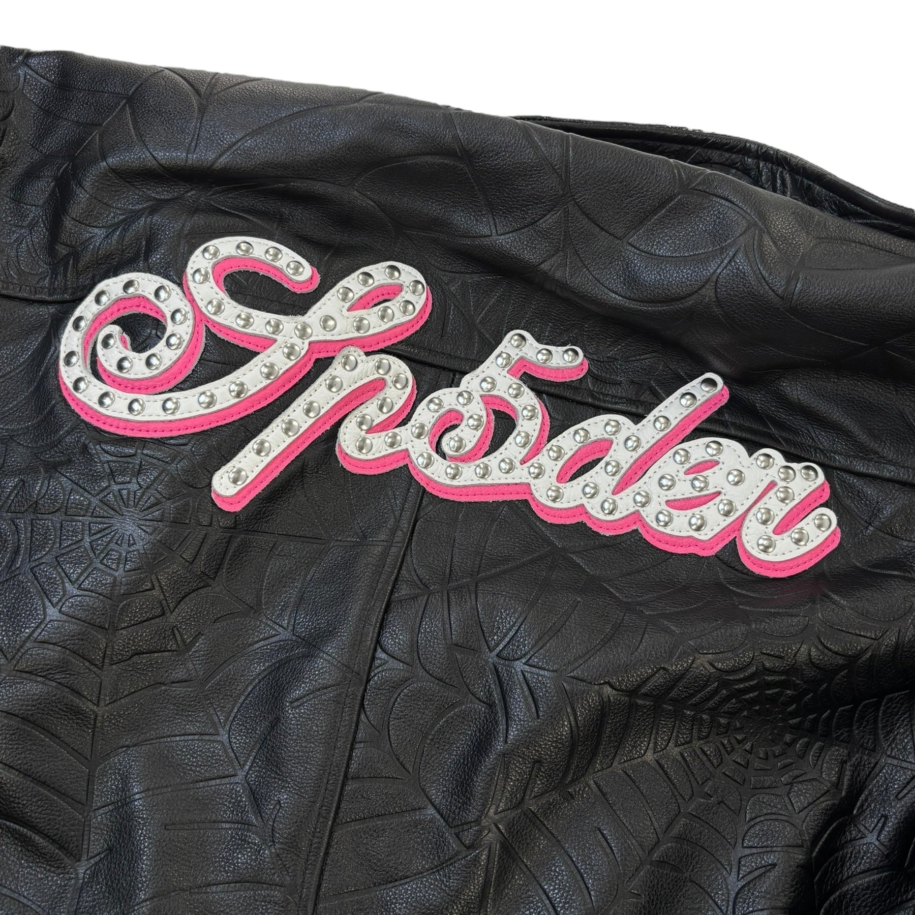Sp5der Debossed Web Leather Jacket Black