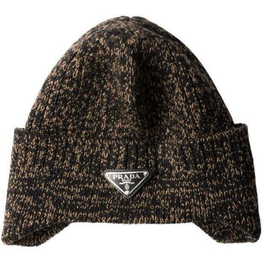 Prada Wool Plaque Beanie Camel