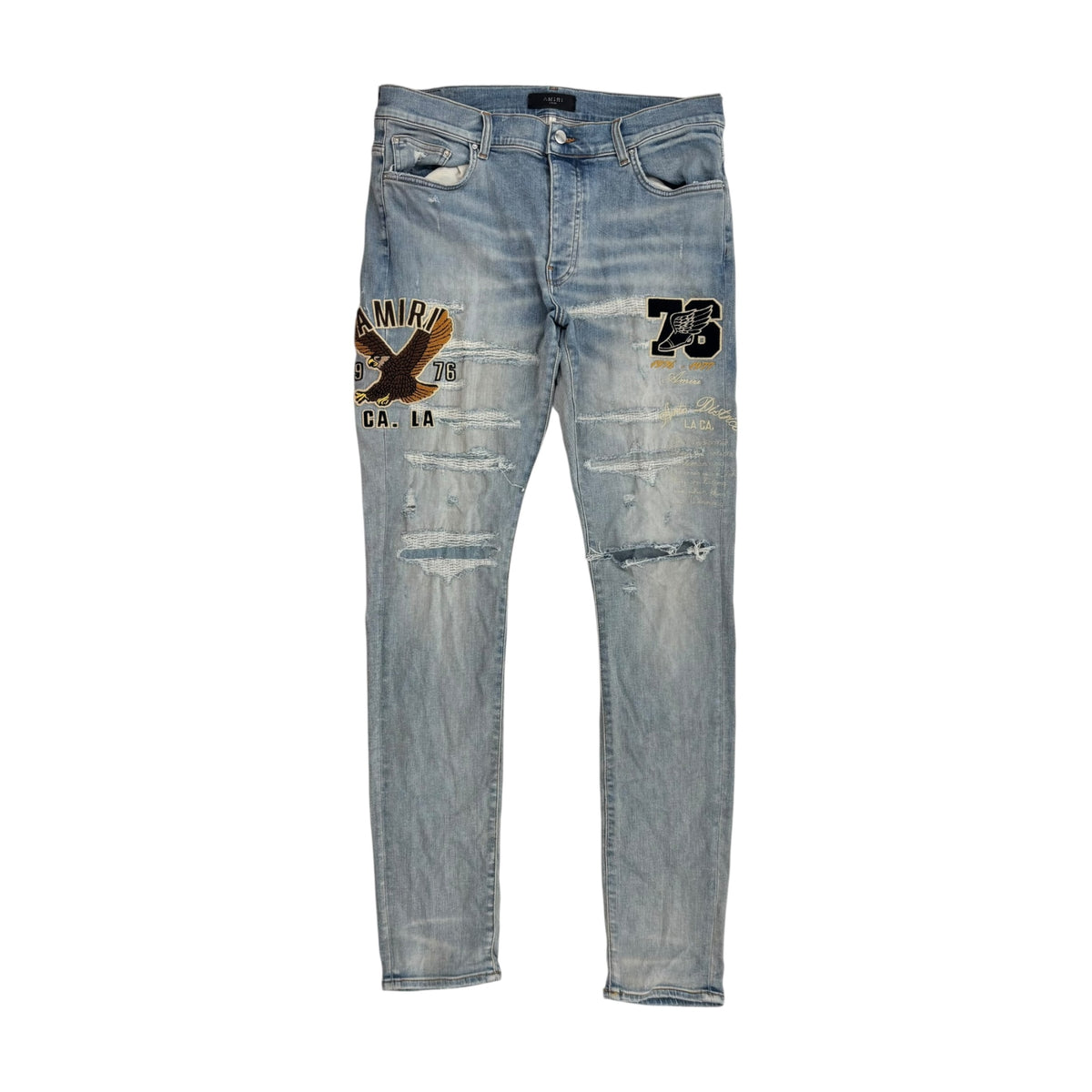 AMIRI Varsity Eagle Logo-Patch Jeans Blue