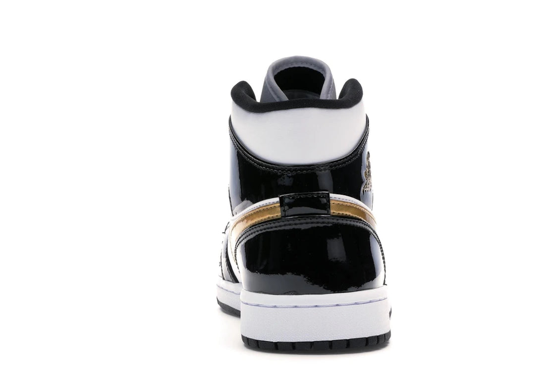 Jordan 1 Mid Patent Black White Gold