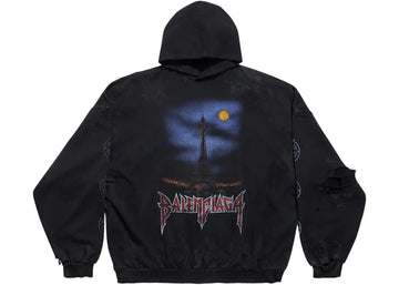 Balenciaga Paris Moon No Pocket Hoodie Oversized Faded Black - Lightly Worn