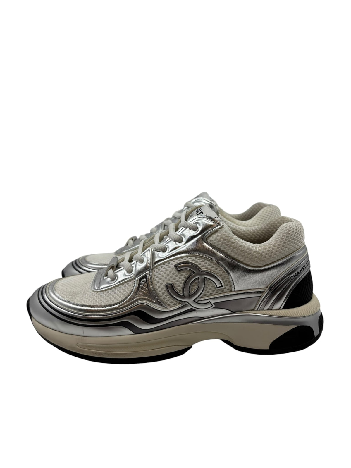 Chanel CC Logo Sneaker White Silver
