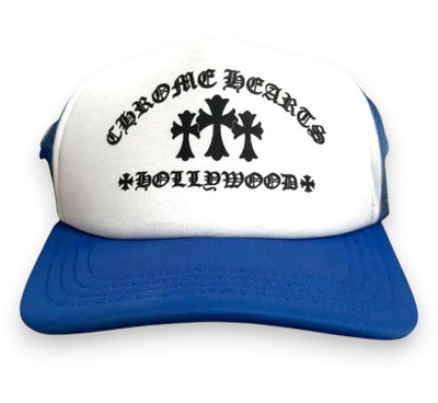Chrome Hearts Triple Cemetery Cross Logo Trucker Hat Blue White - Lightly Worn