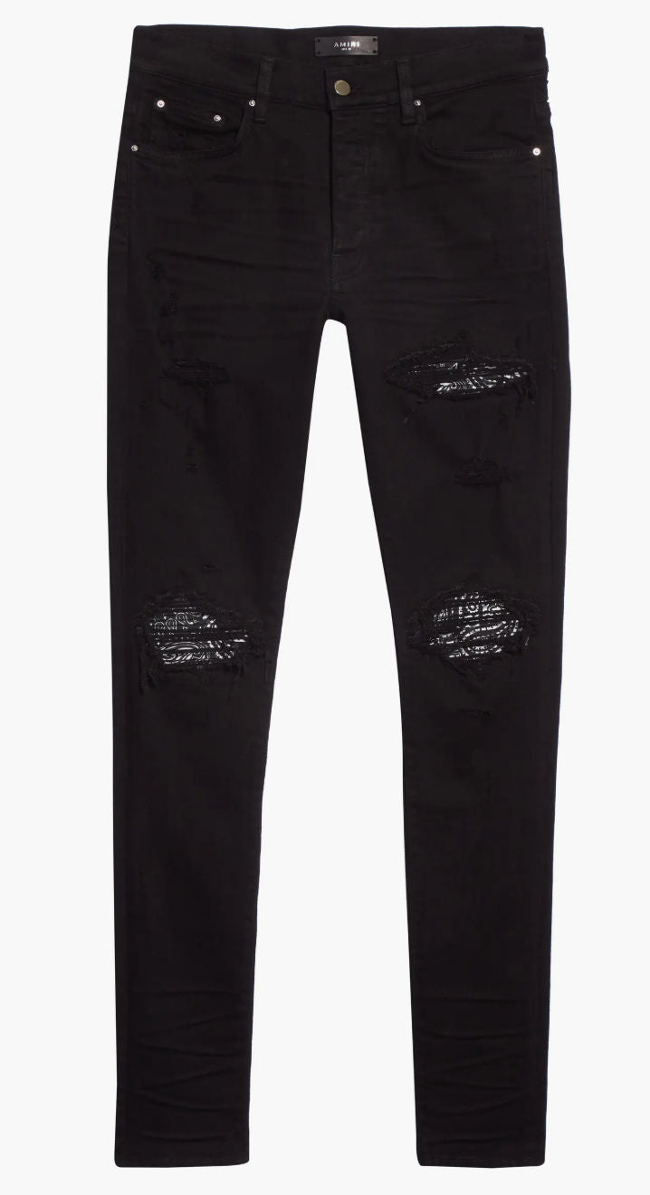 Amiri MX1 Bandana Ripped Patch Jeans Black - Lightly Worn
