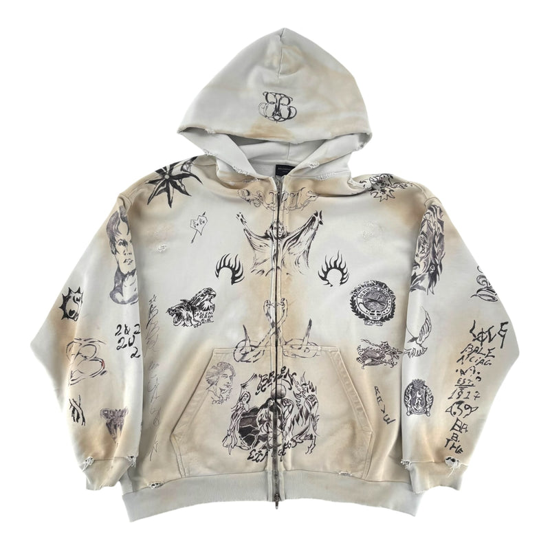 Balenciaga Tattoo Zip Up Hoodie White