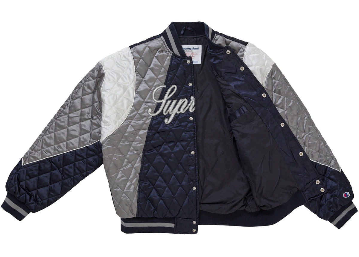 Supreme Champion Quilted Satin Varsity Jacket Navy
