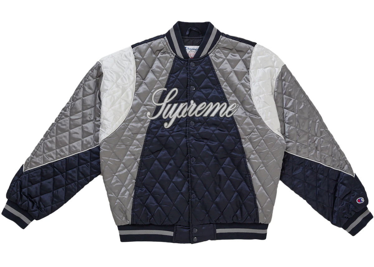 Supreme Champion Quilted Satin Varsity Jacket Navy