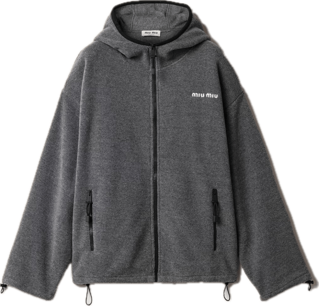 Miu Miu  Fleece Zip-Up Hooded Jacket Grey