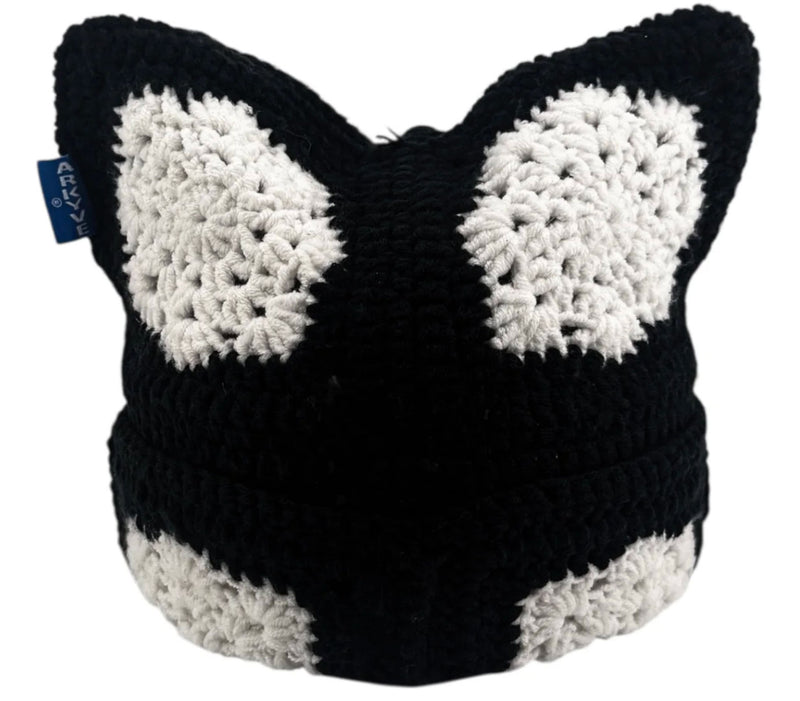 Arkyve Snowflake Crochet Cat Hat Black White