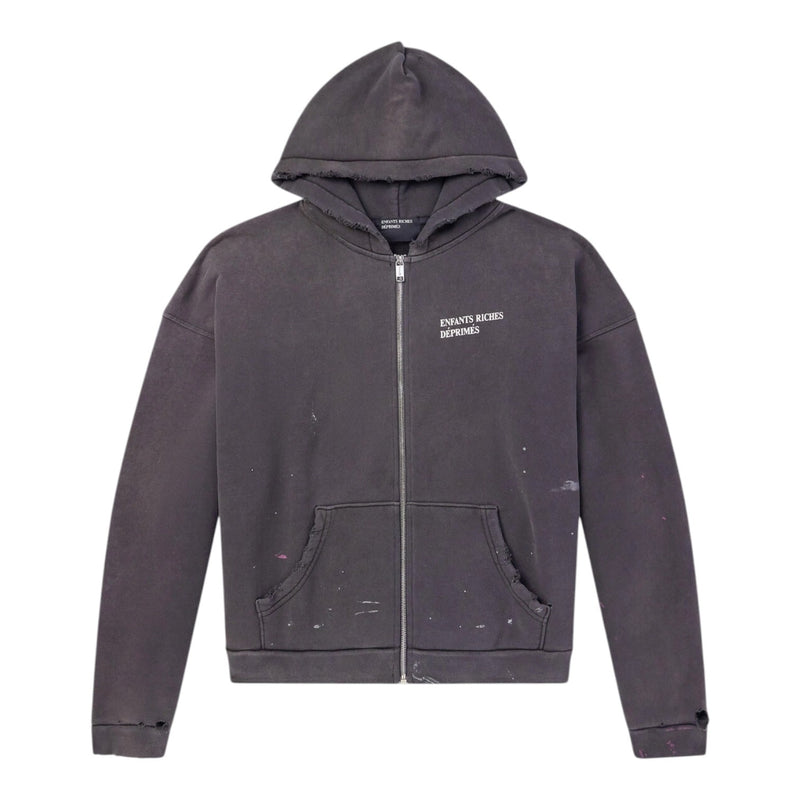 ERD Distressed Logo-Print Zip-Up Hoodie Dark Grey
