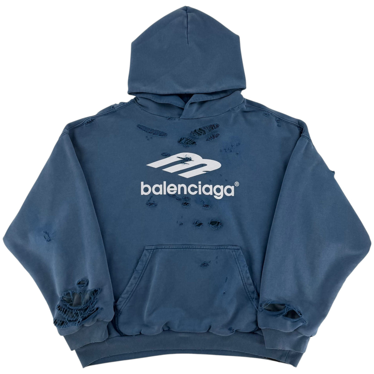 Balenciaga Distressed Logo Hoodie Blue