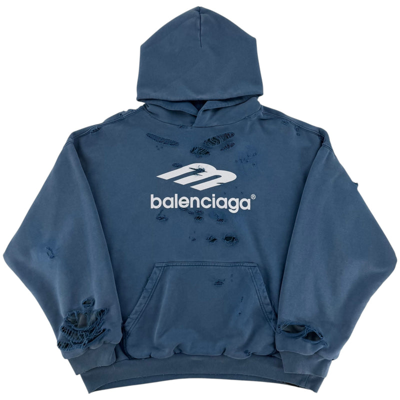 Balenciaga Distressed Logo Hoodie Blue