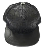 Chrome Hearts Cemetary Cross Leather Stitched Trucker Hat Black