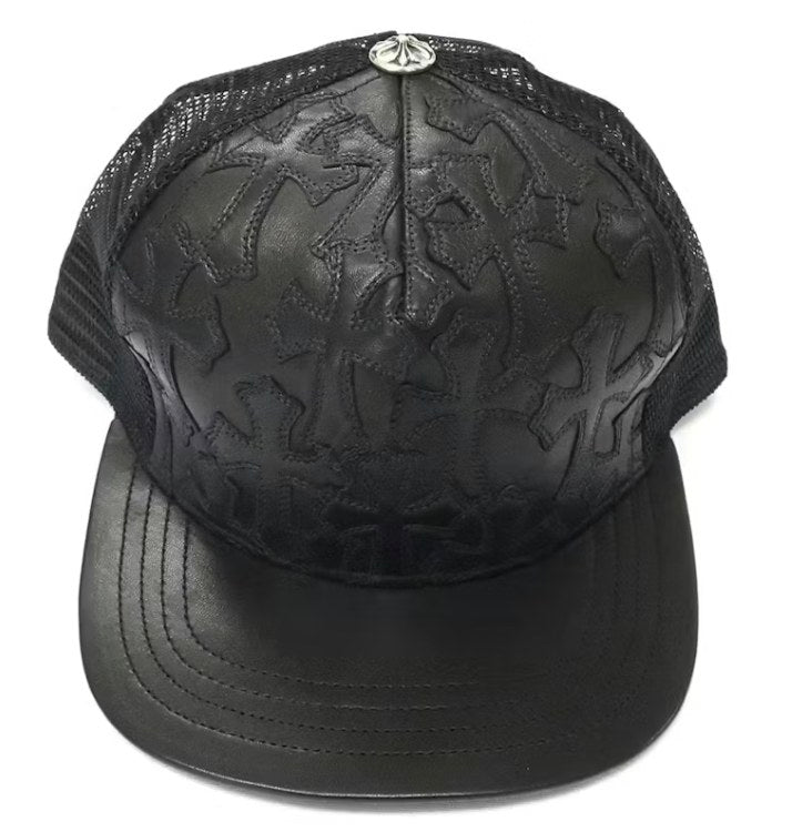 Chrome Hearts Cemetary Cross Leather Stitched Trucker Hat Black
