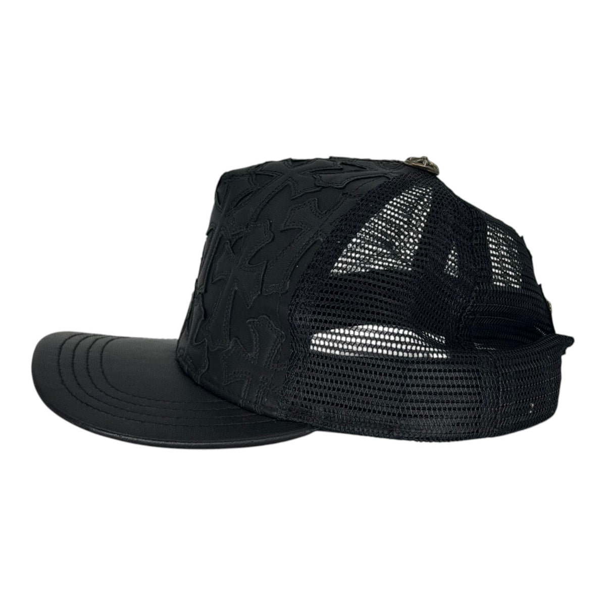 Chrome Hearts Cemetary Cross Leather Stitched Trucker Hat Black