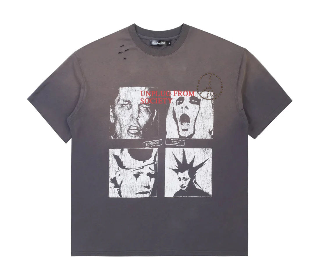 Boredom Kills Scream Studded Tee Grey