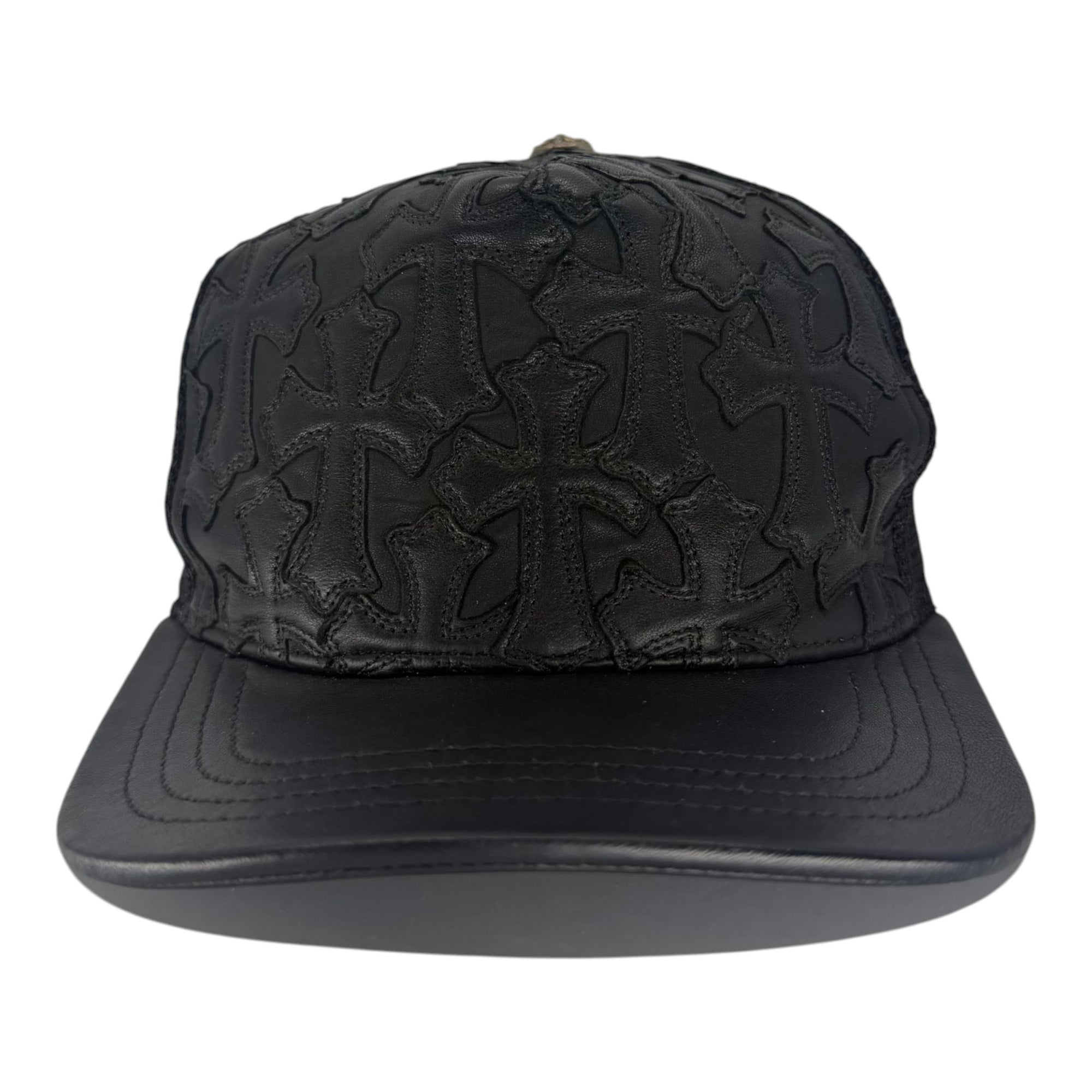 Chrome Hearts Cemetary Cross Leather Stitched Trucker Hat Black