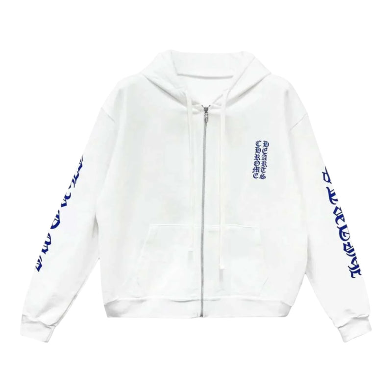 Chrome Hearts Vertical Logo Zip Hoodie White Blue