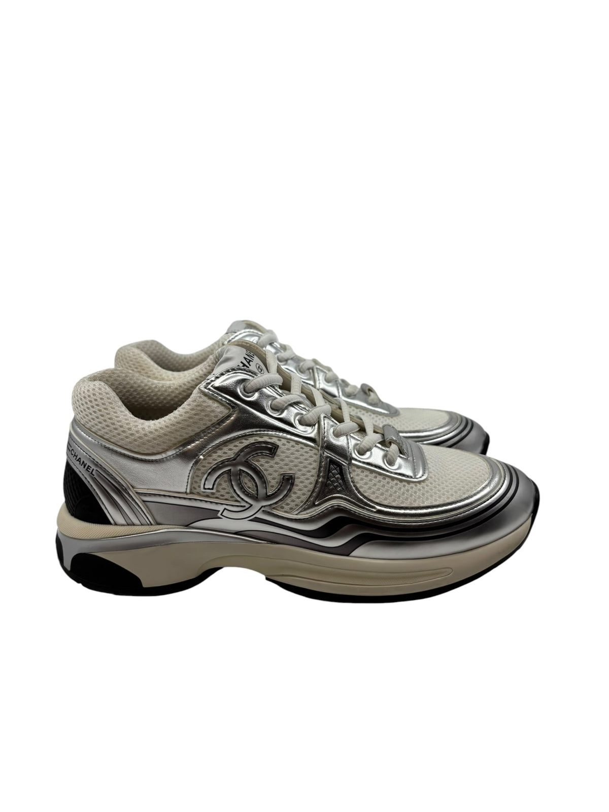 Chanel CC Logo Sneaker White Silver