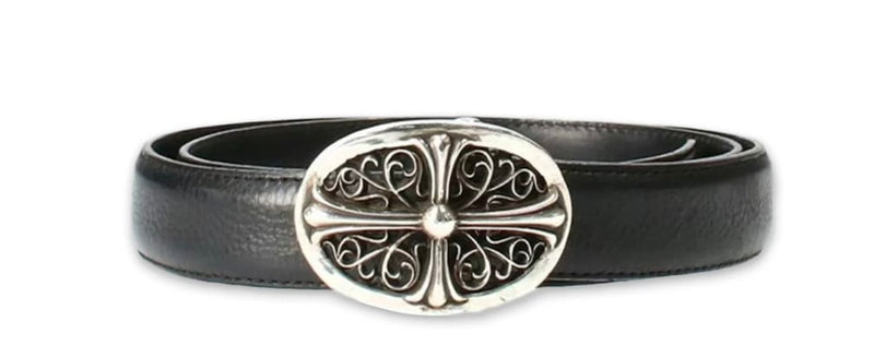 Chrome Hearts Silver Oval Cross Buckle & Belt Strap Black Accessory