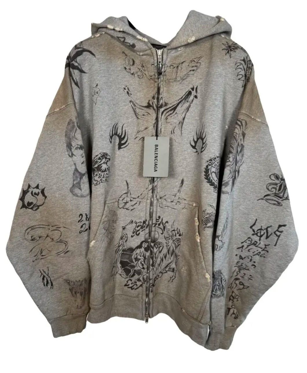 Balenciaga Tattoo Zip-Up Hoodie Grey