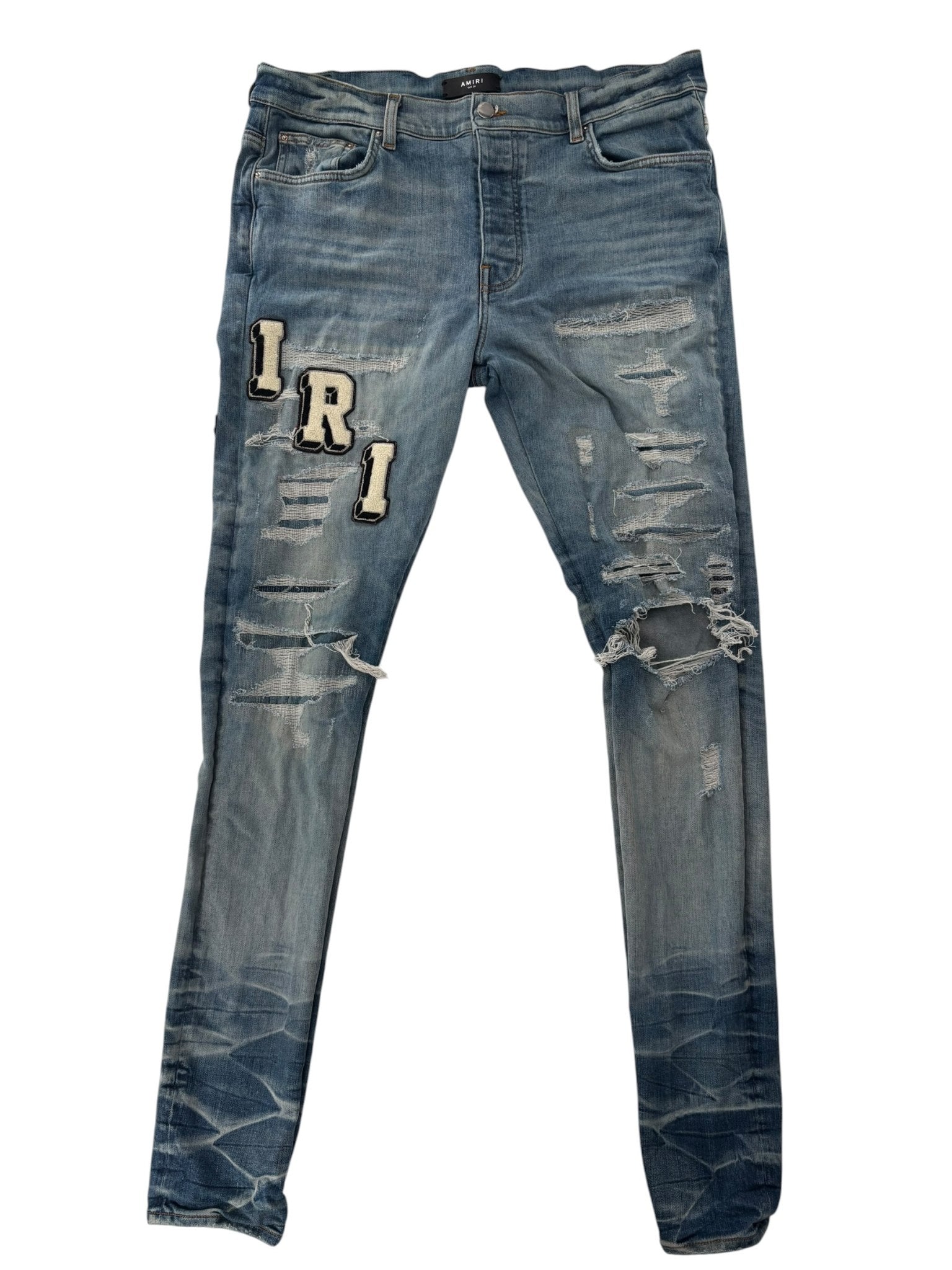Amiri Distressed Patch Logo Denim Lightwash Cream