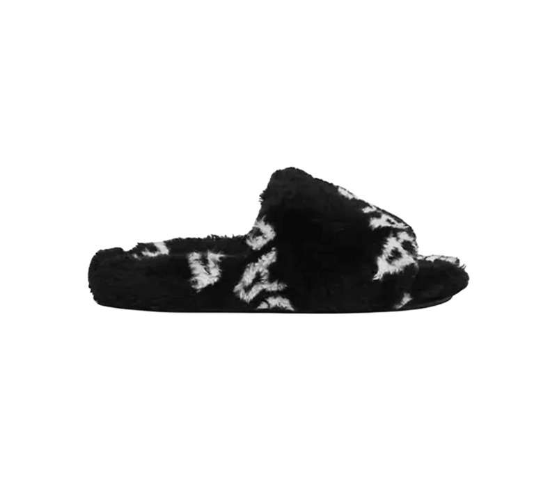 Balenciaga Furry Slides Allover Logo in Black/White