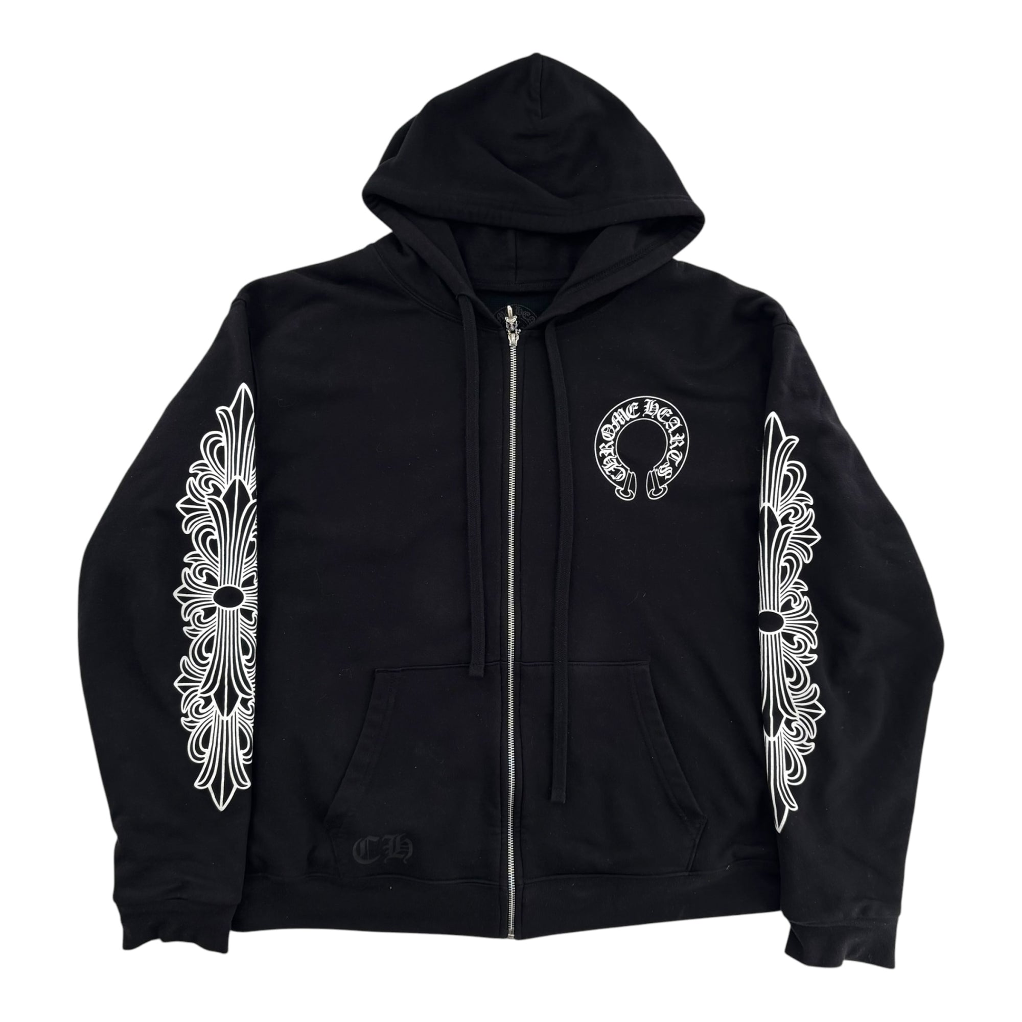 Chrome Hearts Horseshoe Floral Cross Sleeve Zip Up Hoodie Black/White