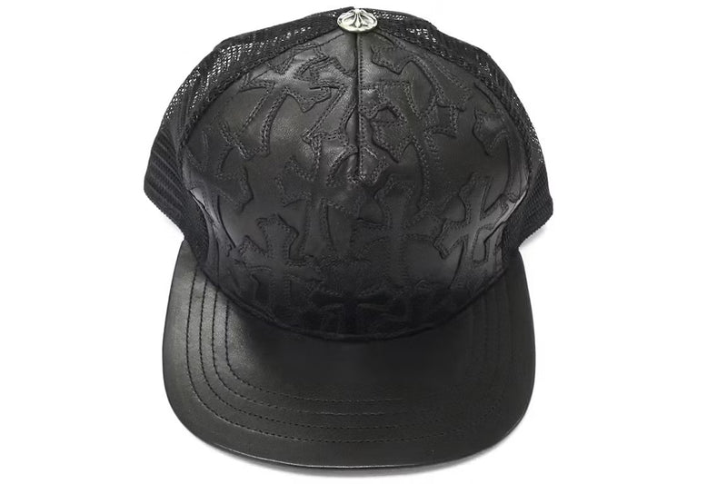 Chrome Hearts Cemetary Cross Leather Stitched Trucker Hat Black