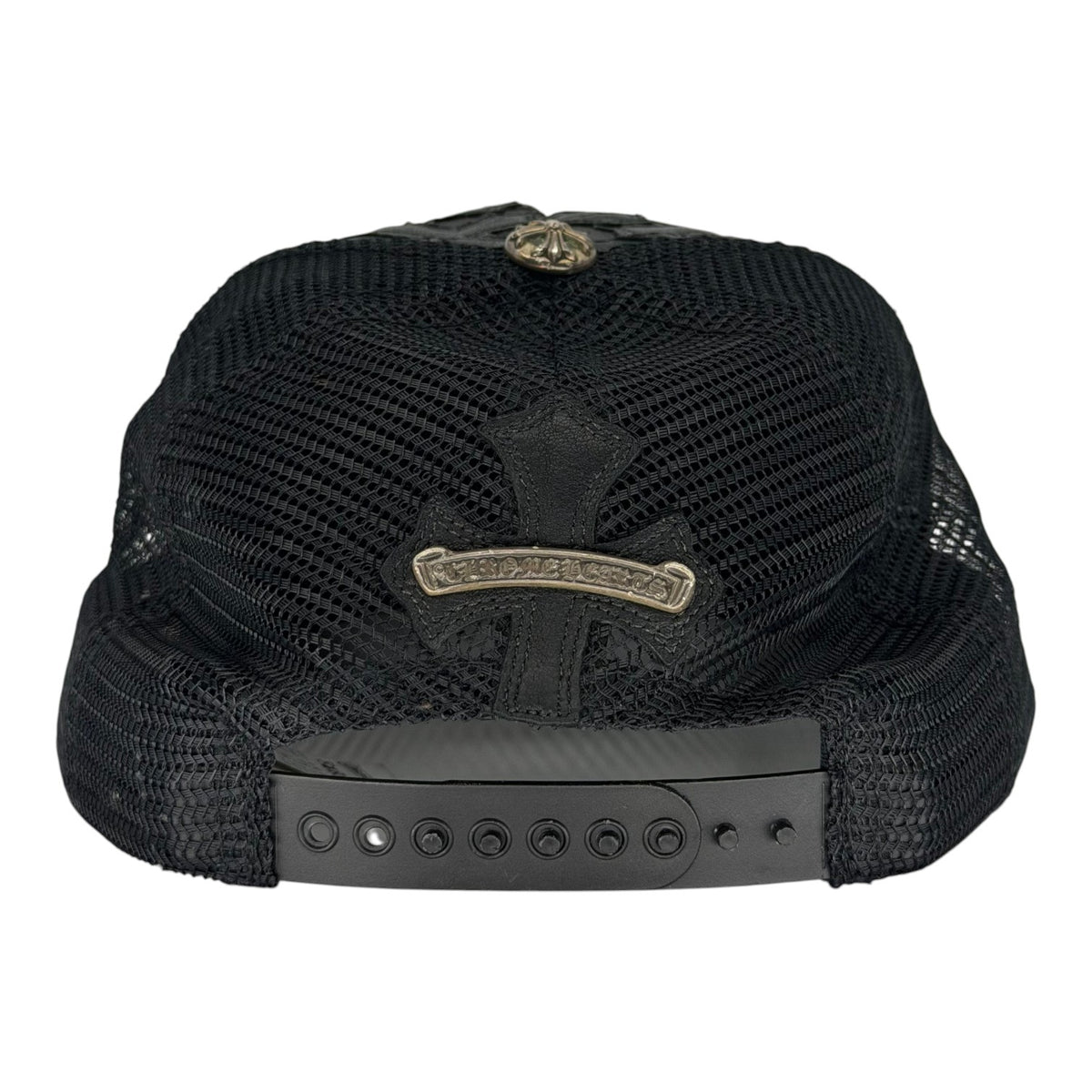 Chrome Hearts Cemetary Cross Leather Stitched Trucker Hat Black