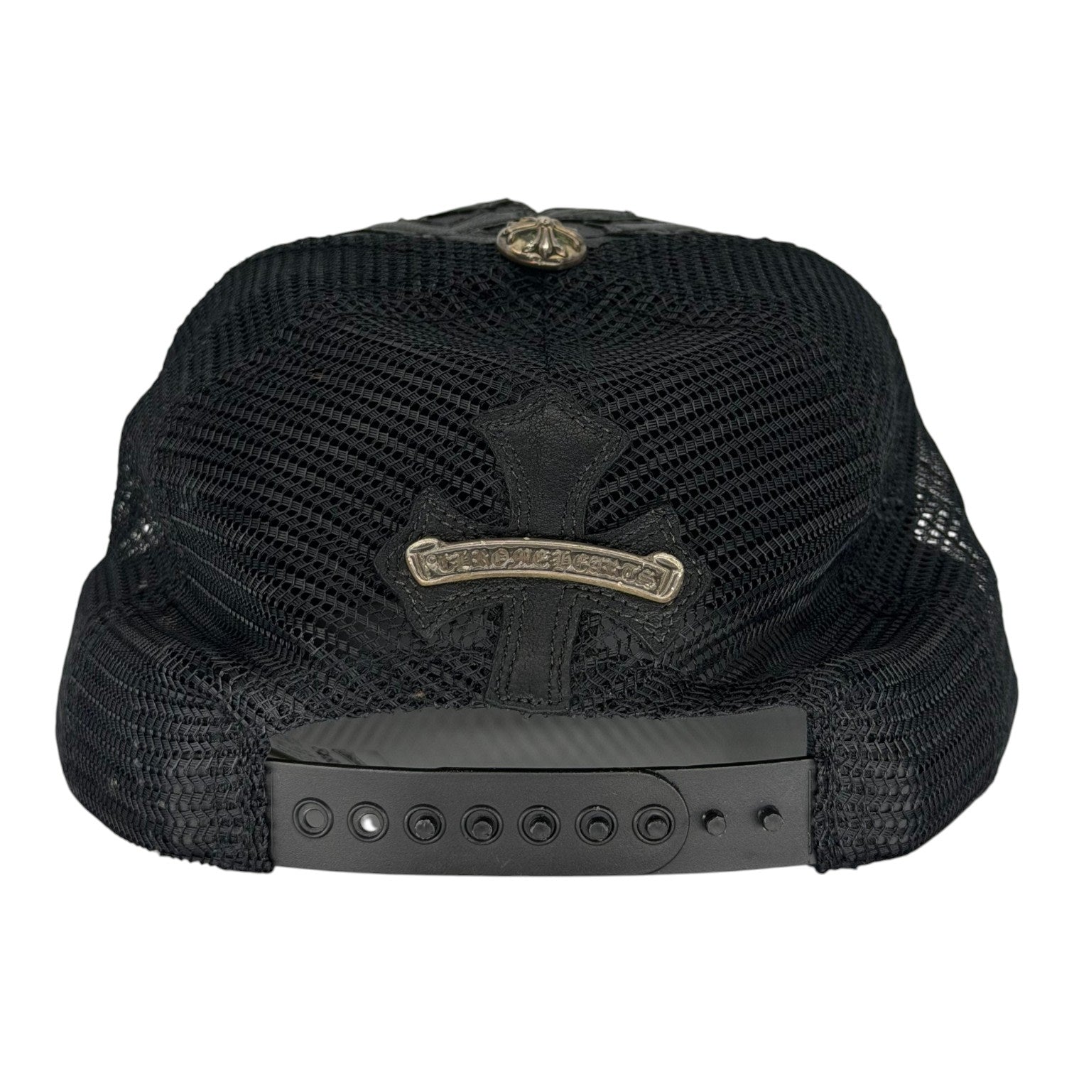 Chrome Hearts Cemetary Cross Leather Stitched Trucker Hat Black