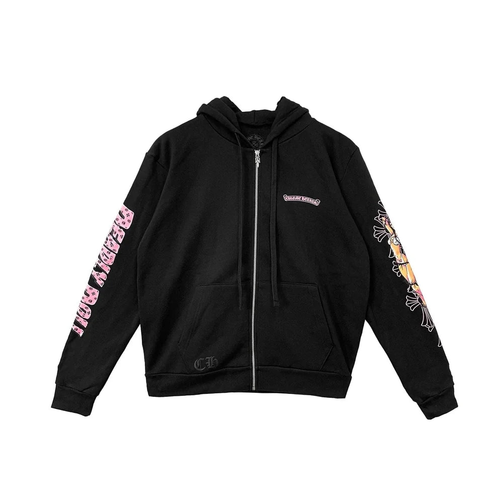 Chrome Hearts Deadly Doll Pink Scroll Logo Zip Up Black 