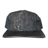 Chrome Hearts Cemetary Cross Leather Stitched Trucker Hat Black