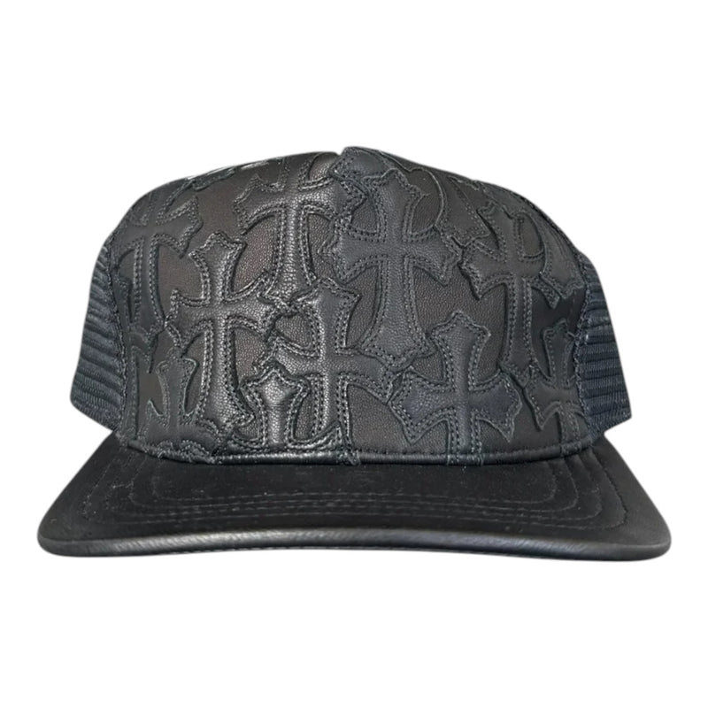 Chrome Hearts Cemetary Cross Leather Stitched Trucker Hat Black