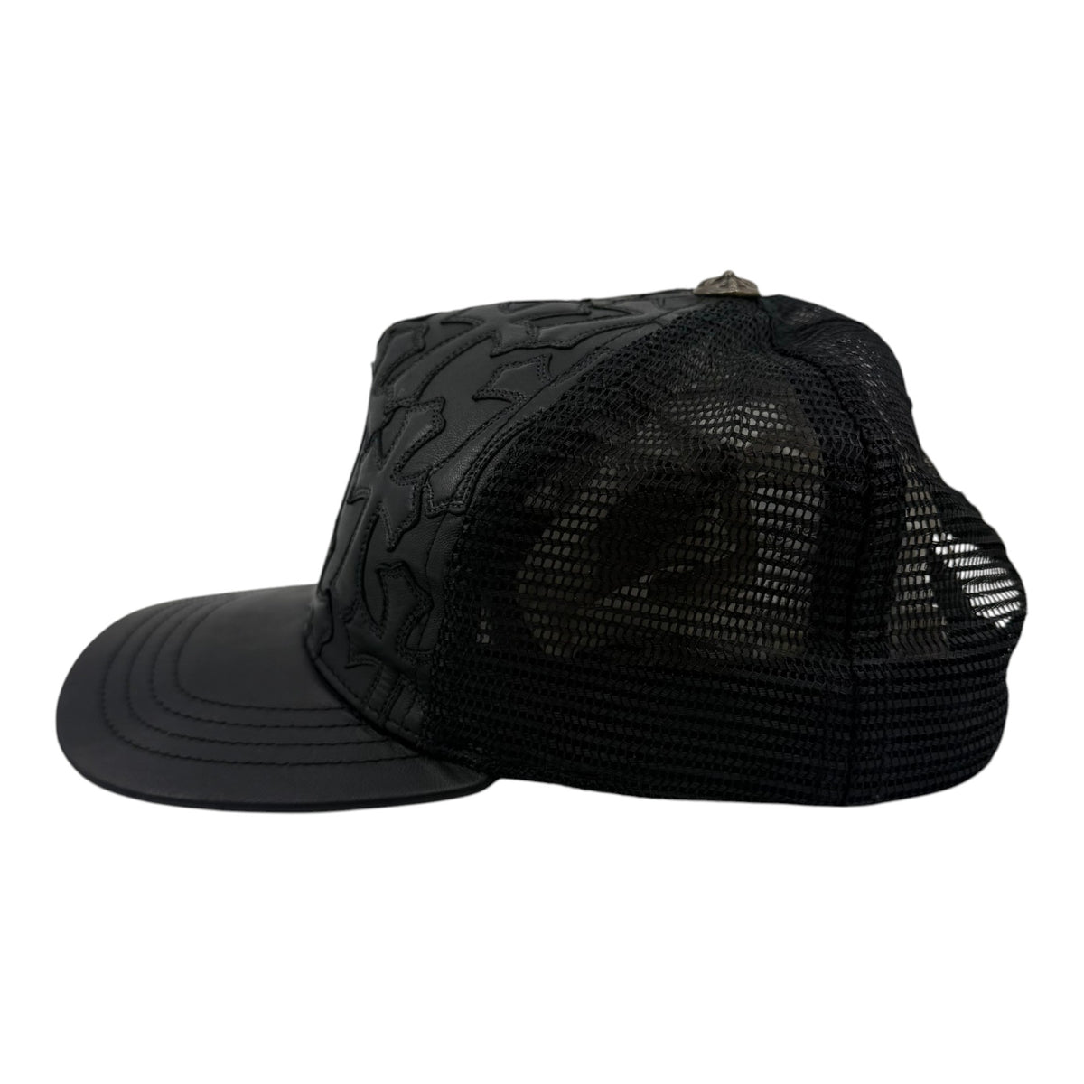Chrome Hearts Cemetary Cross Leather Stitched Trucker Hat Black