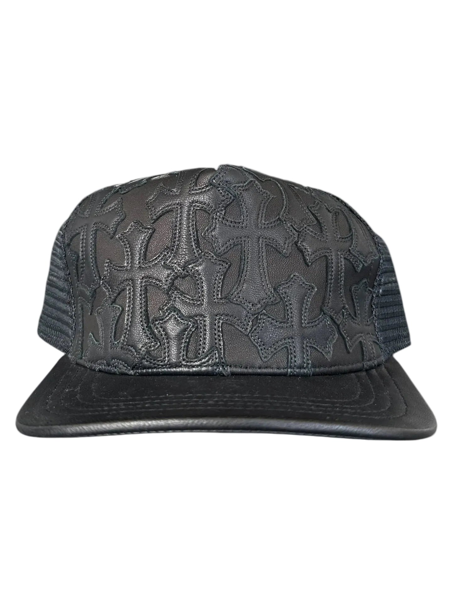 Chrome Hearts Cemetary Cross Leather Stitched Trucker Hat Black
