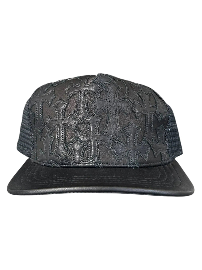 Chrome Hearts Cemetary Cross Leather Stitched Trucker Hat Black