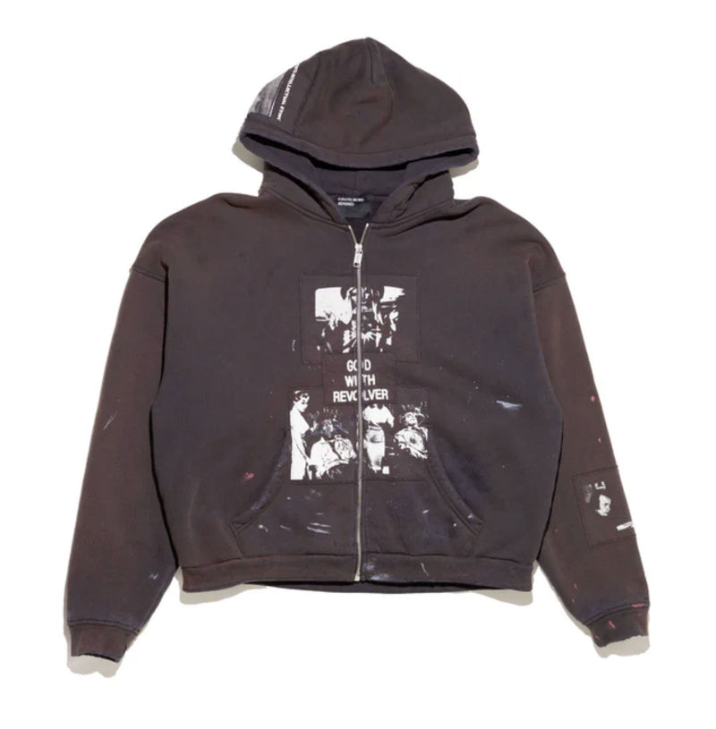 ERD GOD WITH REVOLVER ZIP HOODIE SUN FADED BLACK