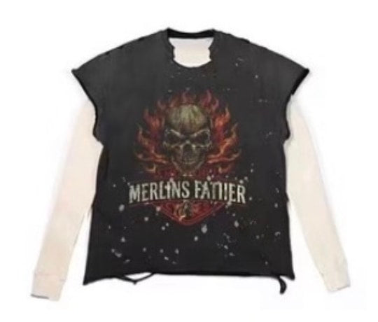 Merlins Father Skull Thermal Tee Black White