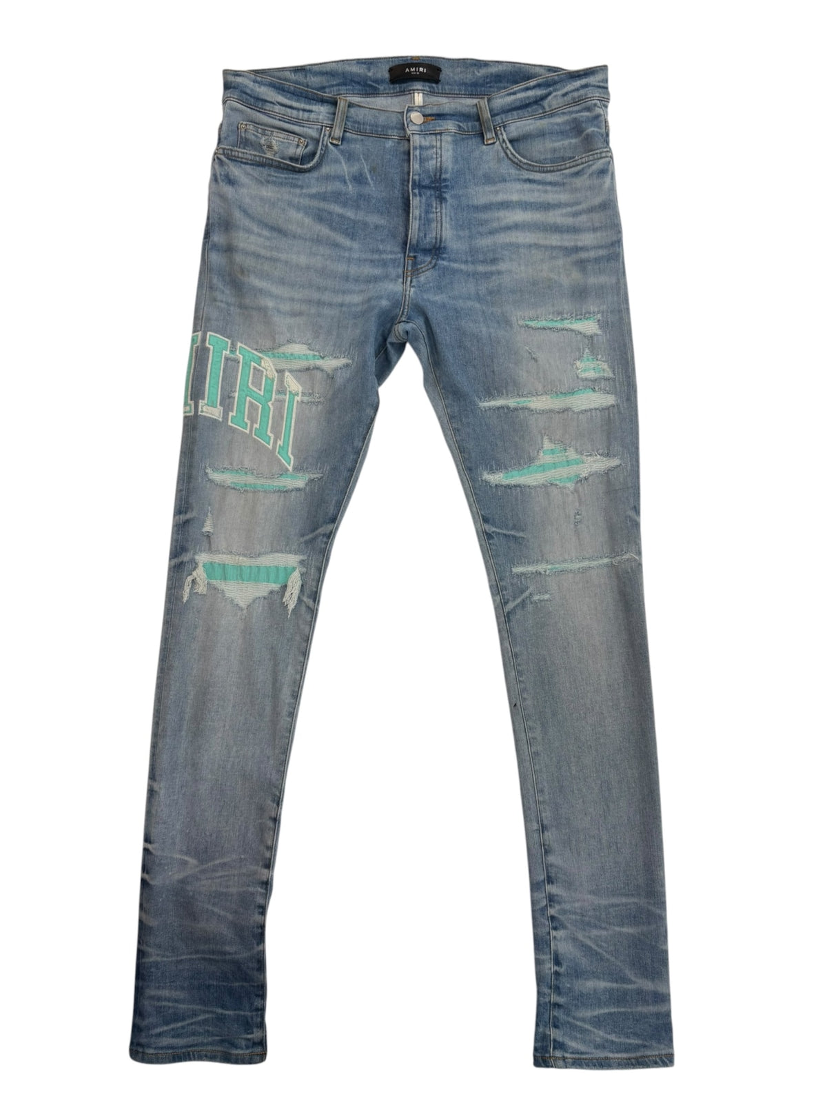 Amiri Logo Patch Distressed Denim Blue Teal