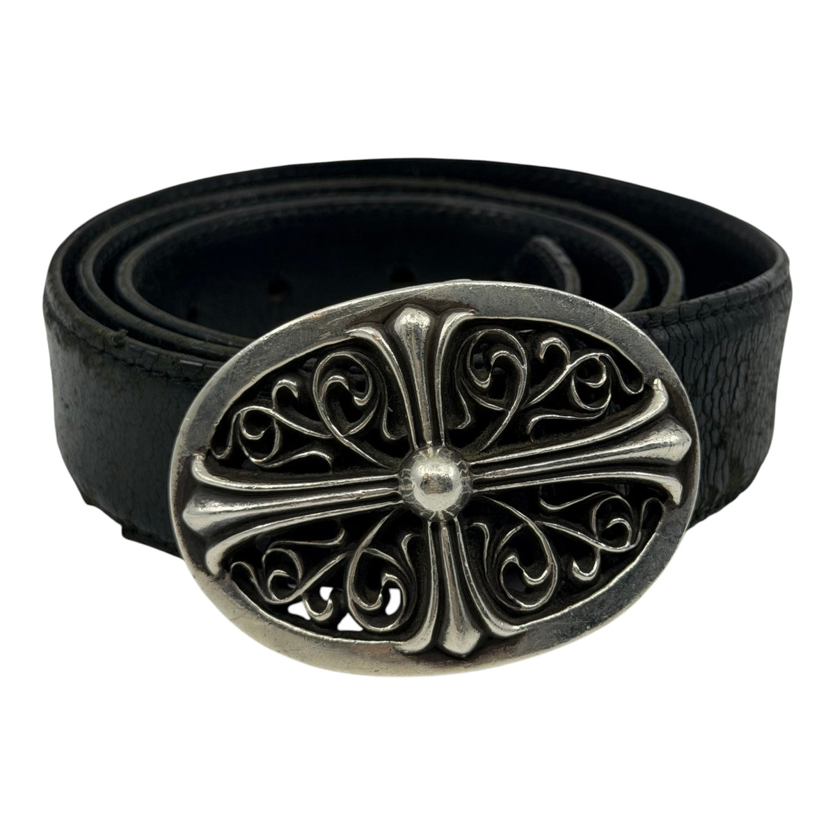 Chrome Hearts Silver Oval Cross Buckle & Belt Strap Black Accessory