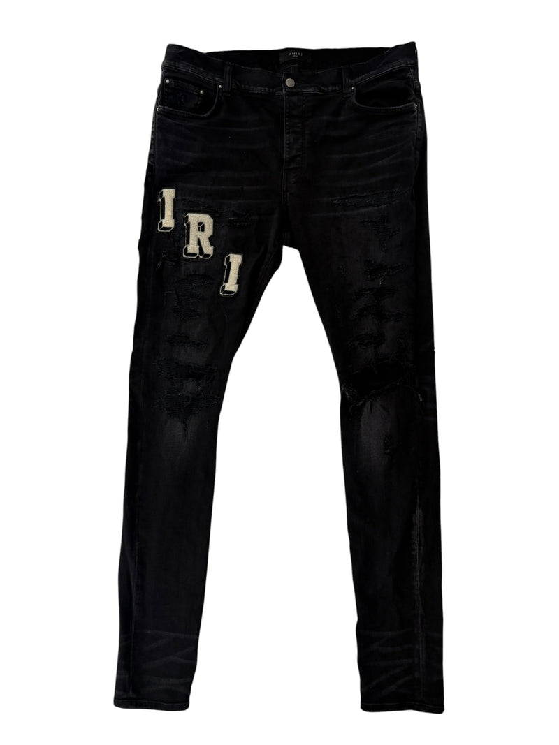 Amiri Logo Patch Distressed Denim Black Cream