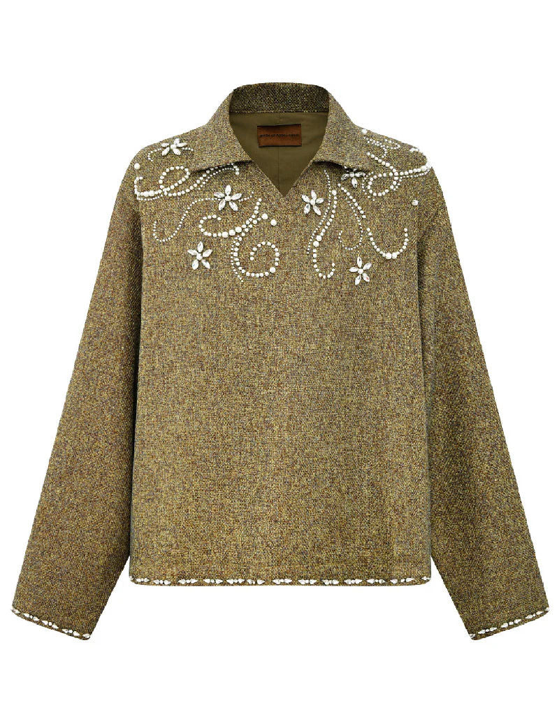 Birth Of Royal Child Diamond Embellished Floral Knit Shirt "Green"